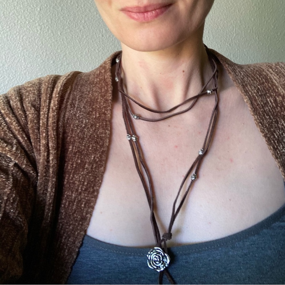 Brown Suede Rose Pendant Wrap Necklace/ Bracelet - Picture 3 of 10
